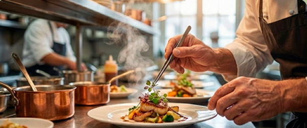 Manos de un chef profesional emplatando con precisión milimétrica utilizando pinzas de cocina sobre vajilla de diseño en un servicio de alta gastronomía.