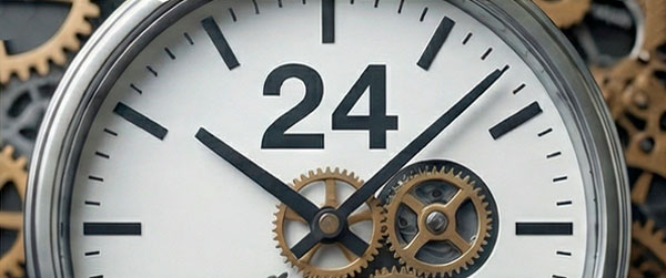 Reloj de agujas con un número 24 en la parte superior marcando las 10:07