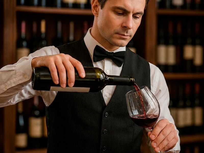 Sumiller echando vino en copa