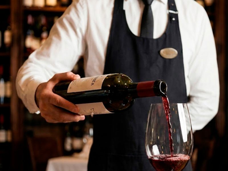 Sumiller profesional echando vino tinto en una copa.