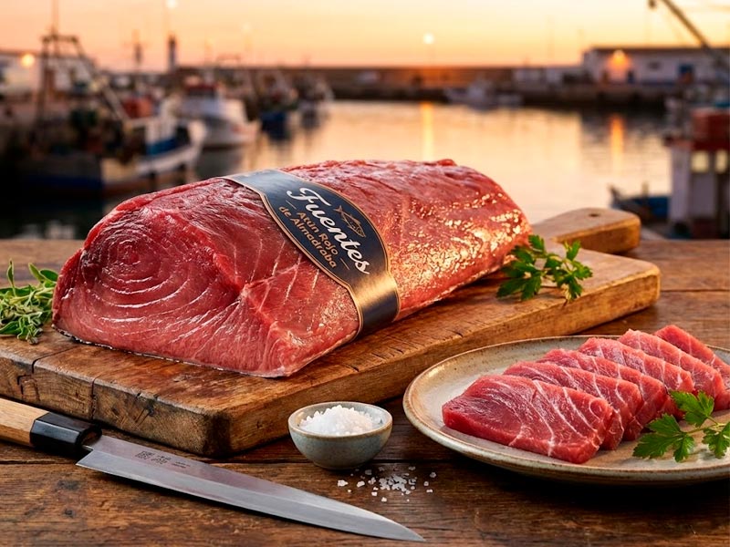 Lomo de Atún Rojo Fuentes fresco con infiltración de grasa, disponible los 365 días del año.