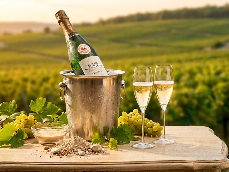 Botella de champagne Yannick Prevoteau en cubitera con viñedo francés al fondo