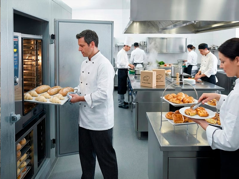 Un camarero introduce pan ultracongelado de forma sencilla en un horno para preparalo.