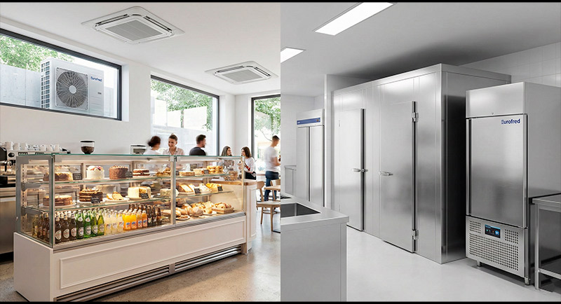 Equipos de climatización en cafetería y frío comercial en cocina profesional de Eurofred.