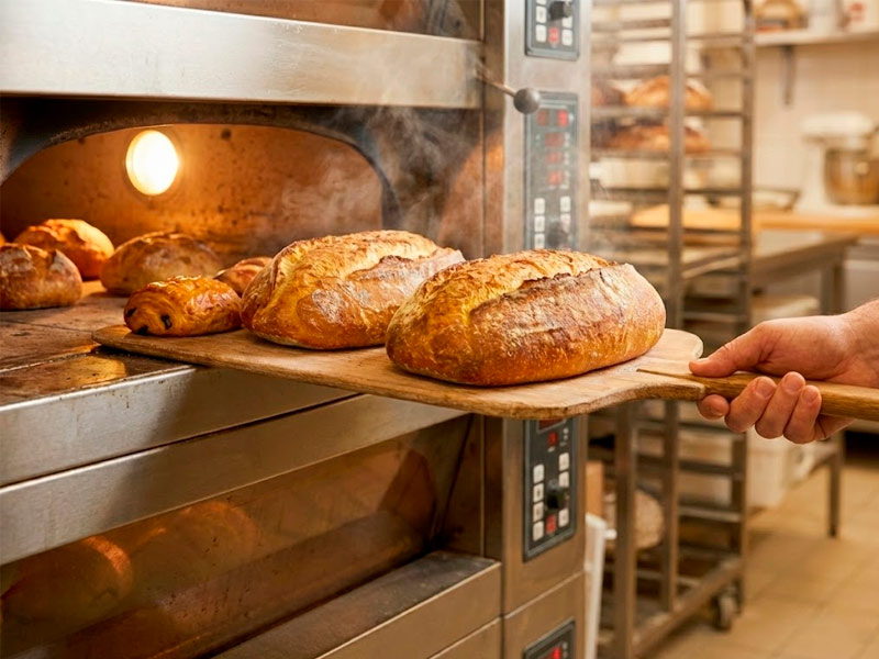 Piezas de panadería son sacadas del horno con una pala.