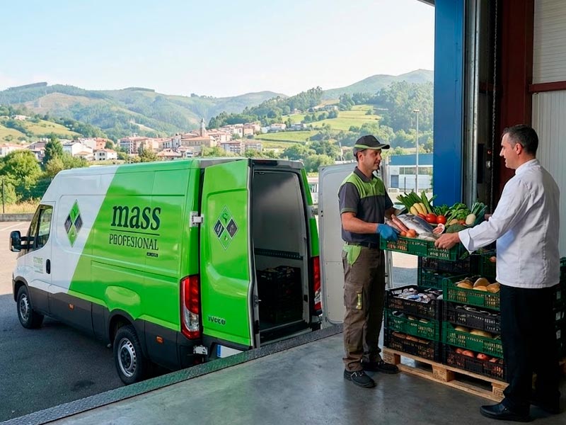 Repartidor uniformado de mass PROFESIONAL entregando una caja con pescado y verduras frescas directamente a un chef desde la parte trasera de la furgoneta de reparto rotulada de la empresa.