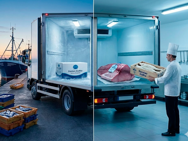 Sistema de transporte bitemperatura que garantiza la cadena de frío para pescado fresco y marisco congelado hasta la entrega.