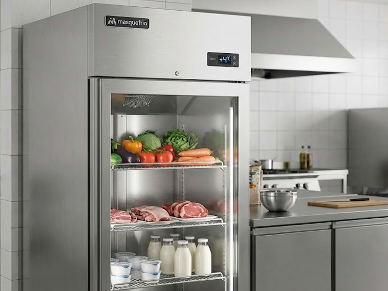 Armario de refrigeración profesional Masquefrio de acero inoxidable para conservación de alimentos.