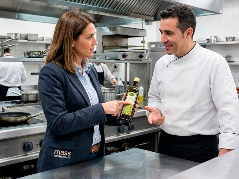 Asesor comercial de mass PROFESIONAL mostrando producto y dialogando con un chef en una cocina profesional.