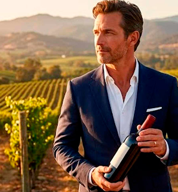 Sommelier experto sosteniendo una botella de vino tinto en un viñedo al atardecer, representando la selección exclusiva de bodega y bebidas para hostelería en Asturias.