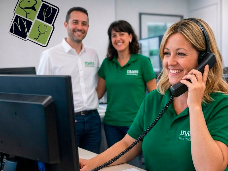 Equipo comercial y de atención al cliente de mass PROFESIONAL trabajando en las oficinas centrales