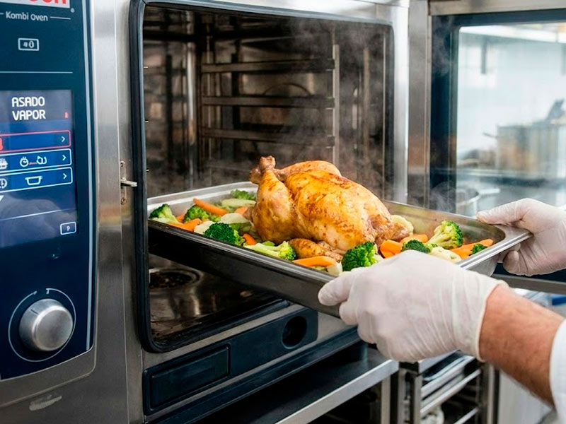 Bandejas de gastronomía saliendo de un horno mixto con asado perfecto y verduras al vapor