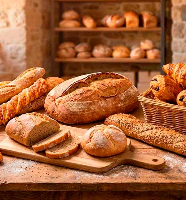 Surtido de panadería artesana y bollería para hostelería, incluyendo hogazas de masa madre, baguettes rústicas y croissants recién horneados sobre mesa de madera.