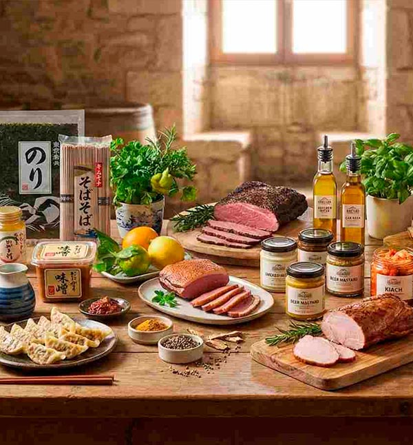 Bodegón de productos especiales y cocina internacional para hostelería: ingredientes japoneses (nori, miso, gyozas), selección de carnes ahumadas premium y salsas gourmet.