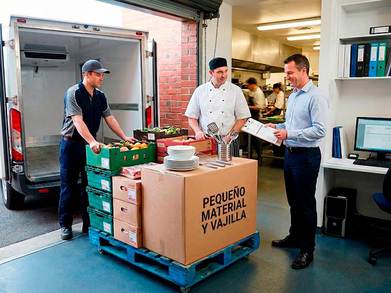 Recepción de suministros y material de hostelería en restaurante.