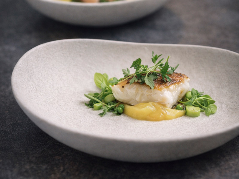 Platos de diseño orgánico de Cookplay presentando una creación gastronómica minimalista, destacando la textura y forma de la vajilla para hostelería.